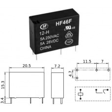 Реле HF46F/12-HS1 / I=5A / U=250VAC/30VDC / Ucoil=12V / NO/NC / 21x7x15mm / HONGFA / 4 ножки