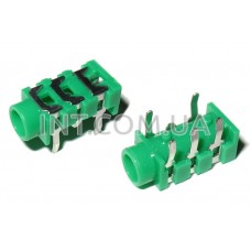 Гнездо аудио / 3,5 mm / стерео / на плату / 5 выводов / пластик, зеленый